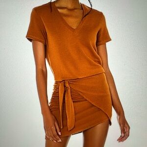 NWT Monrow soft caramel mocha faux wrap dress